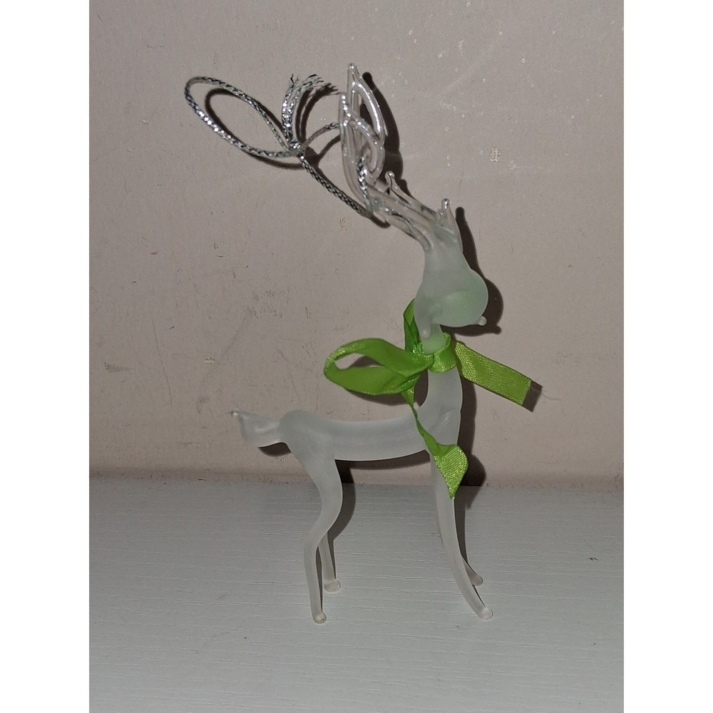 Vintage Frosted Glass Reindeer Ornament 5" Taiwan Bronner's Frankenmuth Box